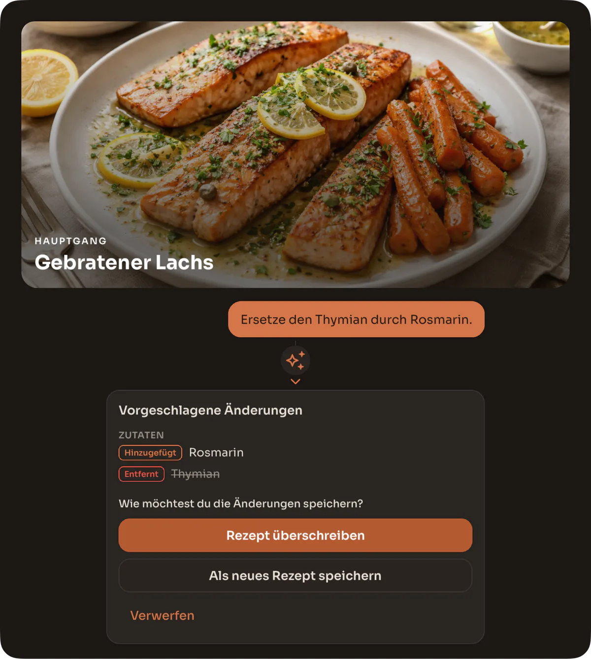 Ein Rezept wird in Schmaus per KI angepasst
