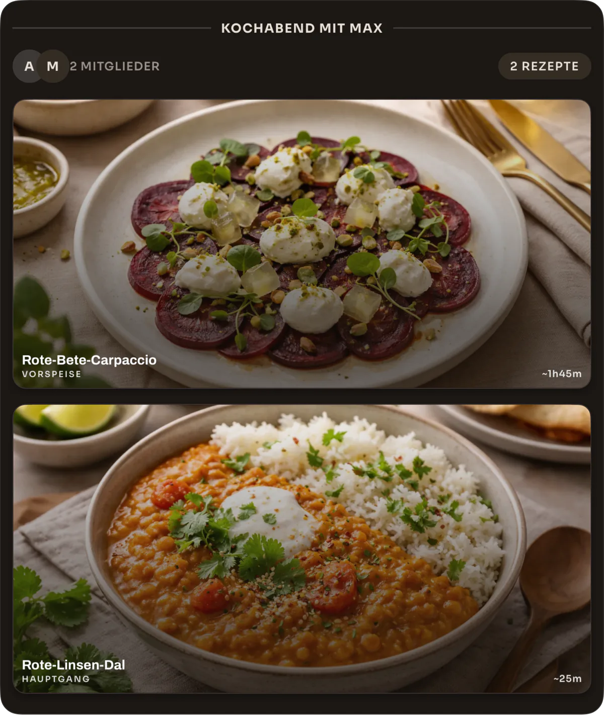 Eine Schmaus-Gruppe mit zwei gemeinsam geplanten Rezepten